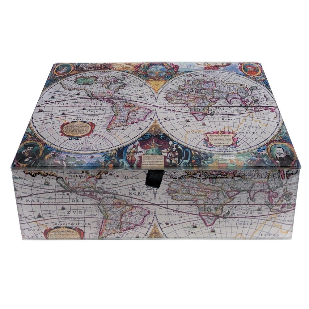 Beveled Glass Keepsake Box, Antique Old World Map - Jewelry Trinkets, Lined